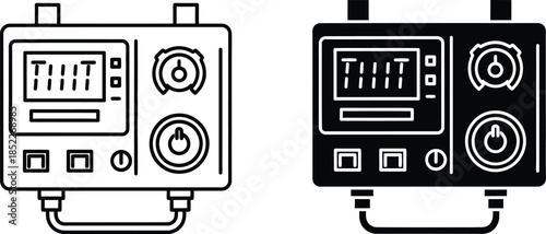 Two black and white control panels with digital and dials digital display knobs buttons