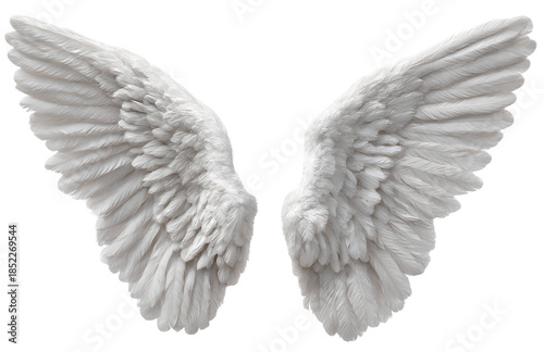 White angel wings with feathers isolated on transparent background