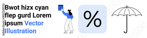 Business, finance, insurance, risk management, learning, education. A person holds a book, a percentage symbol and an umbrella icon. Business and insurance concepts visually