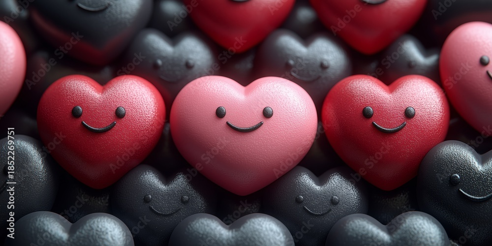 Fototapeta premium Delightful smiling heart characters in red and pink palette, touching emotional scene perfect for greeting cards, posters and social media