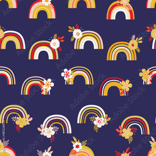 Trendy seamless pattern with colorful rainbow on color background. Design for invitation, poster, card, fabric, textile, fabric. Cute holiday illustration for baby. Scandinavian doodle style.