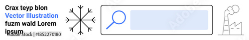 Energy concepts, environmental impact, digital tools, pollution awareness, weather, industrial systems. A search bar with magnifying glass, snowflake and factory smoke icon. Energy concepts