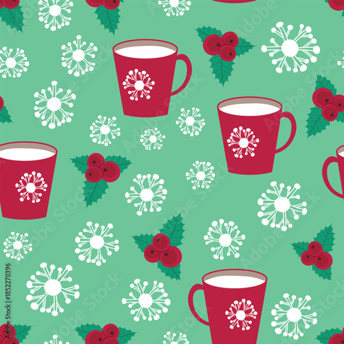 Seamless Christmas cozy winter New Year pattern with cute cups, plants, candles, snowflakes and Christmas tree on color background. Vector illustration. Design for print, fabric, textile.