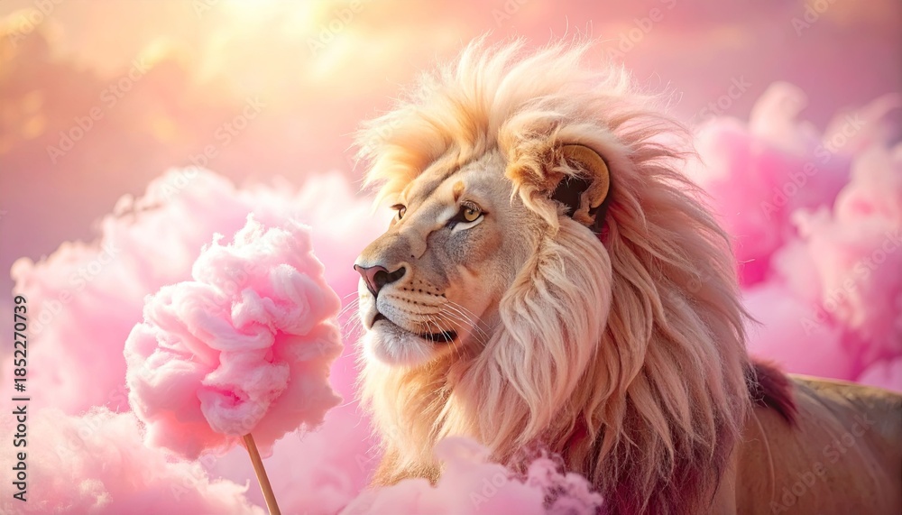 Naklejka premium Majestic lion with fluffy mane near pink cotton candy clouds