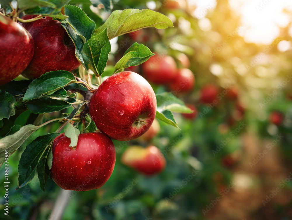 Obraz premium fresh and healthy red Sekai Ichi japanese apples fruit with green leaves background plantation garden farm.