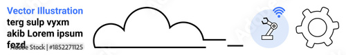 Cloud computing, automation, IoT, innovation, digital transformation, technology systems. Minimalist design showing cloud, robotic arm gear. Cloud computing and automation concepts
