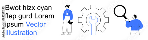 Business optimization, technical support, teamwork, analytics, problem-solving, research. Visual of people, gear and magnifying glass. Business optimization and technical support