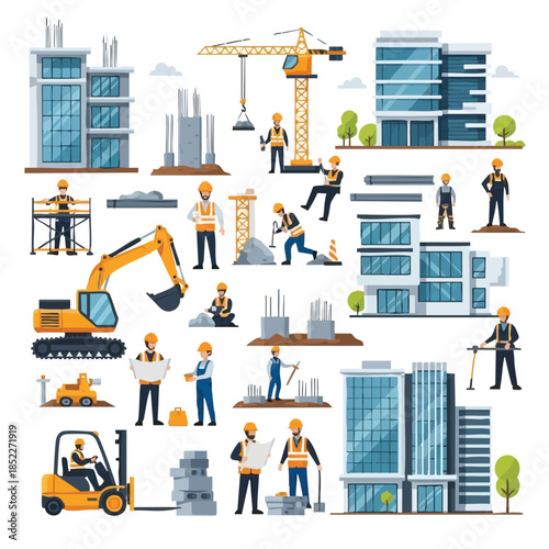 Construction Site Scene with Workers Machinery and Buildings.