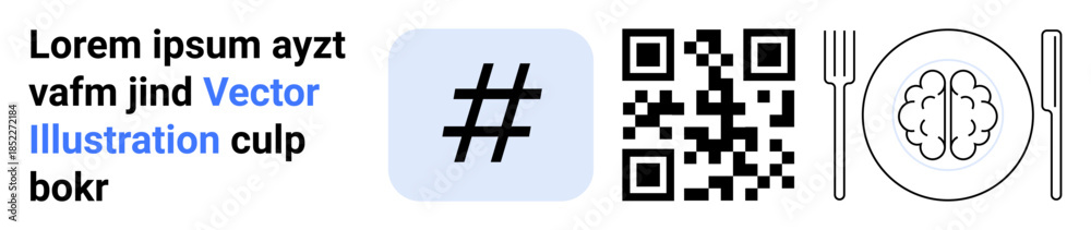 Obraz premium Text block, blue metadata tag, black QR code, brain inside a plate with fork and knife. Ideal for technology, social media, digital identity, innovation, creativity education simple landing page