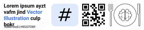 Text block, blue metadata tag, black QR code, brain inside a plate with fork and knife. Ideal for technology, social media, digital identity, innovation, creativity education simple landing page