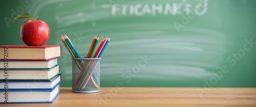 Educational Still Life: A vibrant red apple rests atop a stack of knowledge, a symbol of learning and growth, with a pencil case, set against a classic green chalkboard.