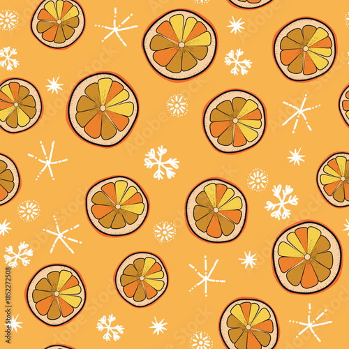 Seamless Christmas cozy winter New Year pattern with cute oranges, lemons, plants and snawflakes on color background. Vector illustration. Design for print, invitation, poster, card, fabric, textile.