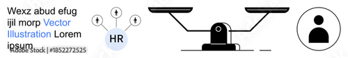 Recruitment, HR management, decision-making, employment balance, talent selection, workplace analytics. HR icon with connecting nodes, balance scale and profile symbol. Recruitment and HR management