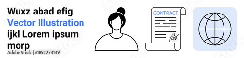Business, legal agreements, teamwork, communication, global connections, identity. Features a woman, a signed contract and a globe. Business and legal agreements concept