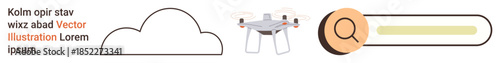 Technology, navigation, search tools, data storage, quadcopter use, cloud systems. Graphic shows a cloud and a quadcopter next to a search icon. Technology and navigation tools concept