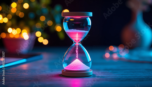 Glass hourglass with pink sand illuminated on a wooden table  