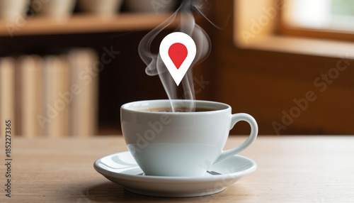 Hot coffee cup with vapor and location pin on wooden table  