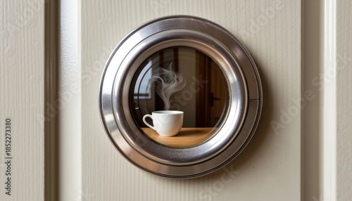 Coffee cup with steam visible through circular window in door  