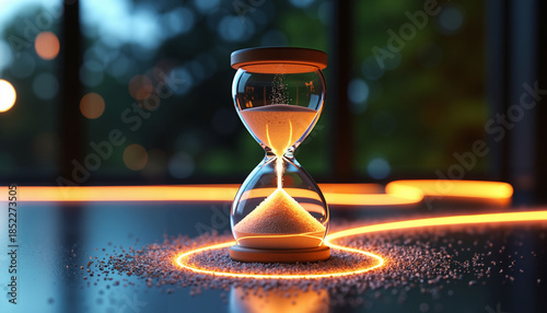 Glass hourglass with flowing sand on table illuminated by neon light  