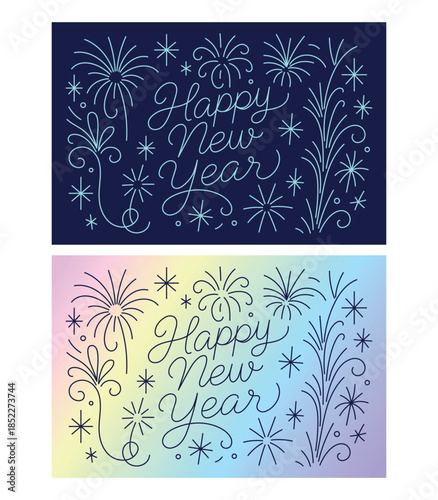 Happy New Year lettering with decorative fireworks and stars. Elegant line art calligraphy on dark and gradient backgrounds. Festive vector illustration for holiday cards, banners and greetings.