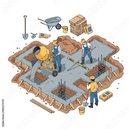 Construction Workers Pouring Concrete Foundation with Mixer and Tools.