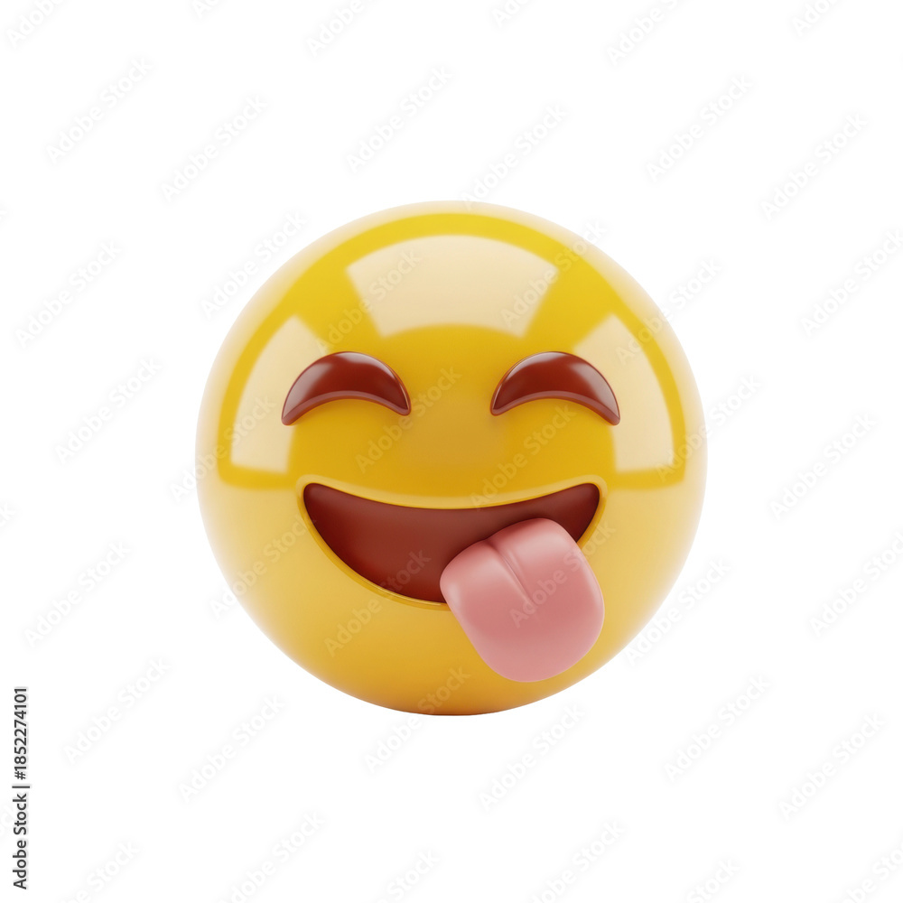 Fototapeta premium Vibrant, glossy yellow 3d emoji icon licking its lips with a pink tongue, isolated on a transparent background with abundant copy space. Concept of delicious taste and craving