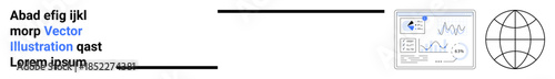 Data management, analytics, global communications, business intelligence, information technology, digital transformation. Globe icon next to a graphical interface with charts. Data management