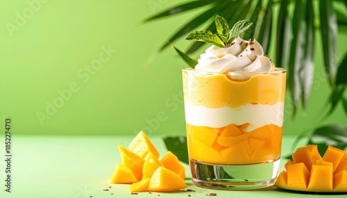 Layered mango parfait with whipped cream in glass decorated with mint, ideal for cafe promotions, summer dessert campaigns and social media food photography.