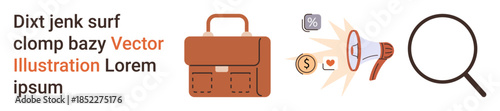 Business tools, digital marketing, communication, advertising, brand promotion, business analysis. Brown briefcase, megaphone and magnifying glass with digital icons. Marketing and communication