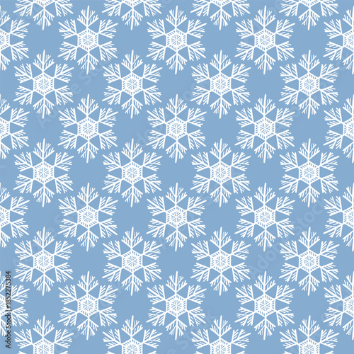 Winter seamless pattern with white snowflakes on blue background. Vector illustration for fabric, textile wallpaper, posters, gift wrapping paper. Christmas vector illustration.