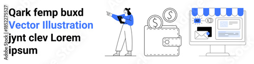 Woman holding tablet, wallet with coins, and e-commerce screen with storefront and email icon. Ideal for e-commerce, online payment, technology, digital marketing, business, fintech simple landing
