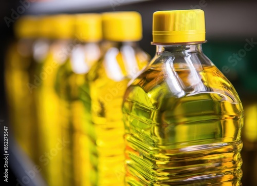Golden vegetable oil bottles, made of plastic and containing either sunflower or olive oil, line a store shelf, promoting healthy food, a healthy lifestyle, and the import-export dynamics of