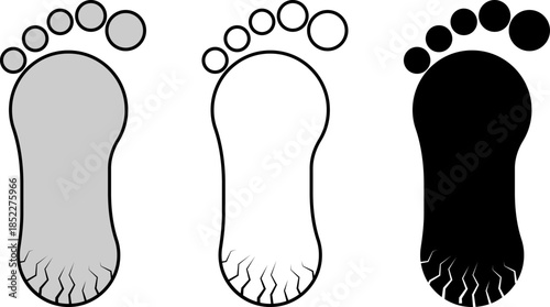 Vector icons of a human footprint showing heel fissures in gray, outline, and silhouette styles