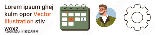 Scheduling, profile management, task organization, user interface, workflow settings, digital tools. A calendar, avatar and gear icon are displayed. Scheduling and profile management