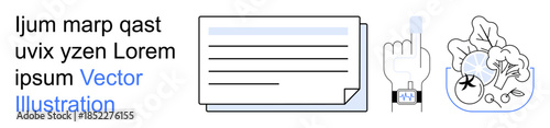 Digital devices, workflow management, user interaction, content review, modern working, data processing. Text, a document a finger interacting with a device and plant sketches. Workflow management