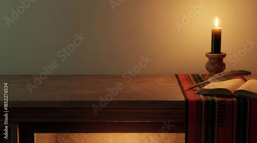 Black Kwanzaa candle with open book and feather pen on traditional cloth runner, Kujichagulia self determination banner with warm empty space for inspirational quote or holiday message