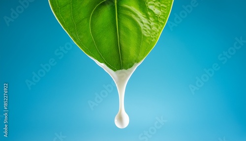 A Drop Of White Milk Descends Towards A Vibrant Green Leaf Creating A Moment Of Natural Beauty Against A Soft Blue Background