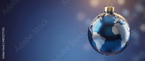A Christmas ornament designed as a world map globe. Global holiday celebration and peace on Earth concept with copy space for a banner