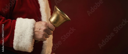Santa Claus's hand holding a vintage brass bell. Close-up of a traditional Christmas costume on a red background. Holiday banner with copy space for text