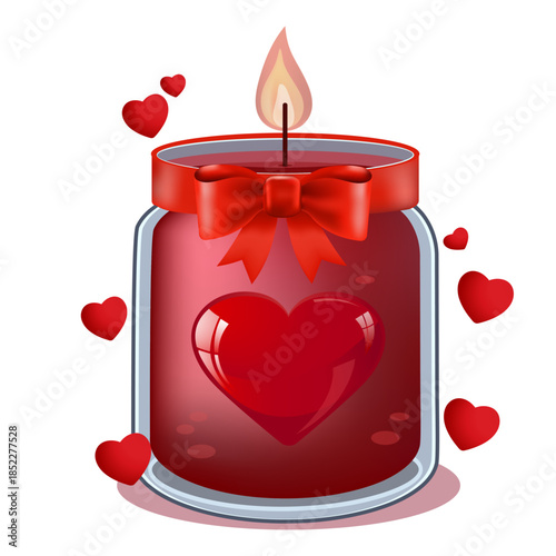 candle in a glass jar with red hearts