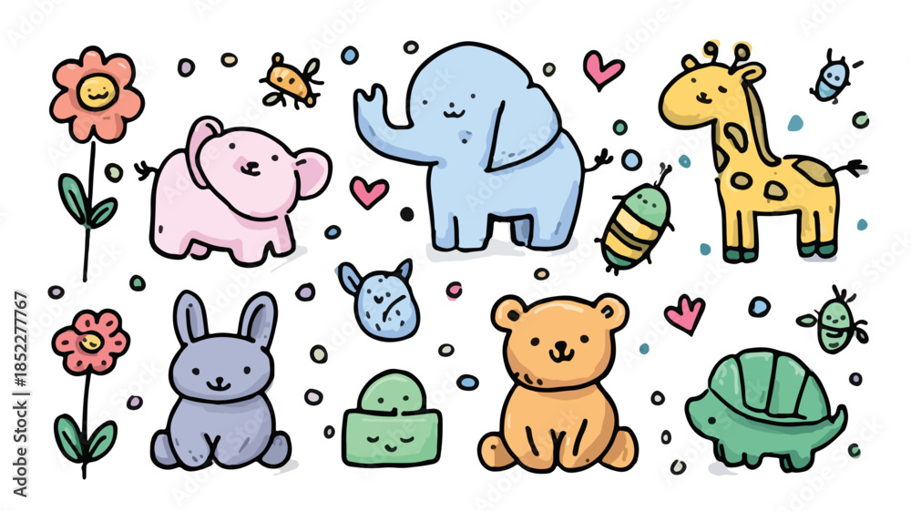 Naklejka premium Adorable hand-drawn pastel cartoon animals and flowers doodle set perfect for children's designs with a transparent background.