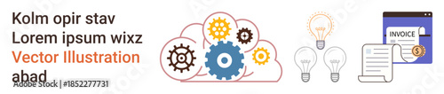 Business solutions, automation, innovation, cloud computing, creativity, digital finance. Visual includes gears in a cloud, light bulbs and invoice designs. Business solutions and automation