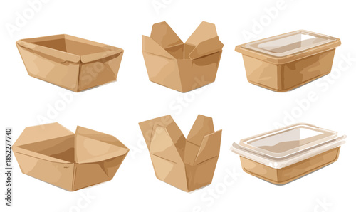A versatile set of eco-friendly cardboard food containers for takeaway and delivery, showcasing various open and closed designs, including transparent lids.