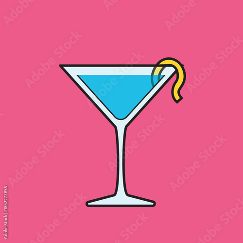 Blue martini cocktail in glass with yellow lemon twist garnish vector illustration icon in flat cartoon style