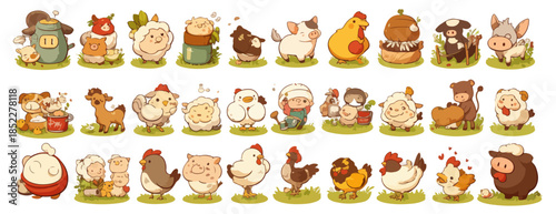 A charming collection of cute cartoon farm animals like pigs, sheep, chickens, and cows, in whimsical poses, with a transparent background.