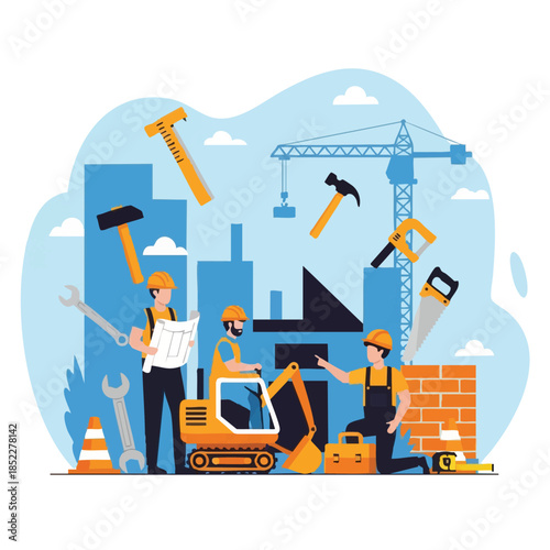 Construction Site Workers Building City with Tools and Machinery.