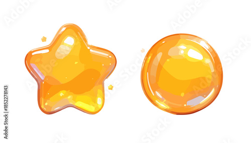 Vibrant transparent star and circle shaped orange-yellow jelly candies, shiny and sweet, isolated on a clean white background.