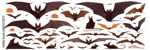 A collection of stylized Halloween bats in various flying and resting poses, perfect for spooky designs with a transparent background.
