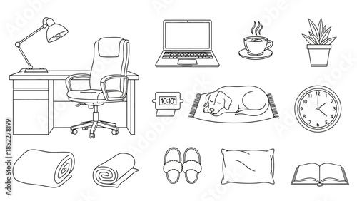 A home office setup featuring a desk, chair, laptop, and various comfort items, illustrating a productive and cozy workspace