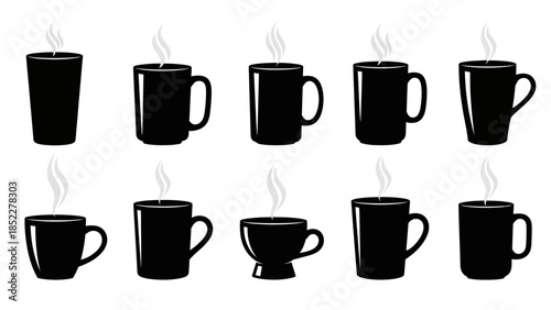 Collection of black coffee mugs with steam, various shapes and sizes.